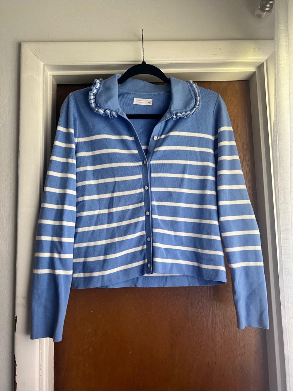 LC Lauren Conrad Blue & White Striped Ruffle Collar Cardigan